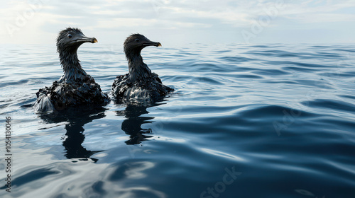 Two oil-covered birds floating on the surface of calm blue ocean water under a cloudy sky