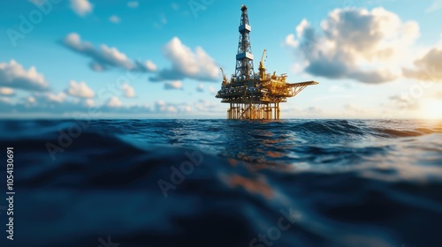 Oil rig standing in the ocean under a bright blue sky with fluffy white clouds. photo