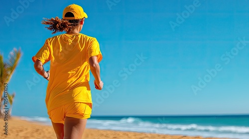 Runner in yellow sportswear jogging on beach against clear blue sky. photo