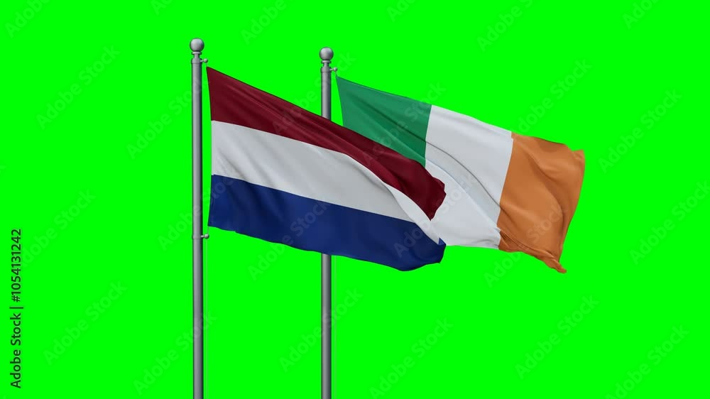 Ireland and Netherlands flags flying together, video concept of the relationship with colored chroma key for easy background remove Ireland and Netherlands flags flying together, video concept of the relationship with colored chroma key for easy background remove