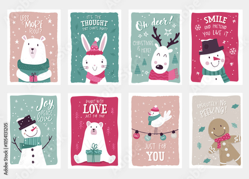 Cute hand drawn gift tags for Christmas, typographic designs and lovely animal illustrations - vector design