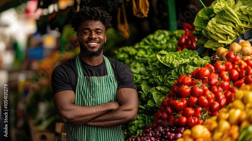 Smiling vendor in a market, surrounded by fresh fruits and vegetables.