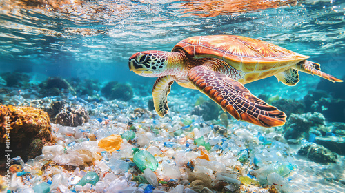 Green sea turtle swimming above colorful plastic waste on ocean floor, emphasizing marine pollution and environmental issues