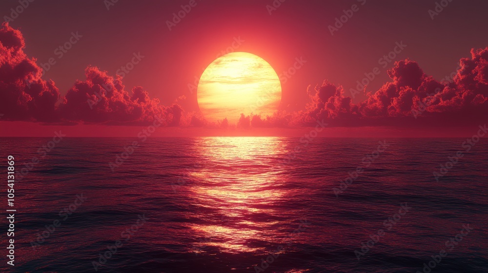 A fiery sunset casts a warm glow over the tranquil ocean A fiery sunset casts a warm glow over the tranquil ocean