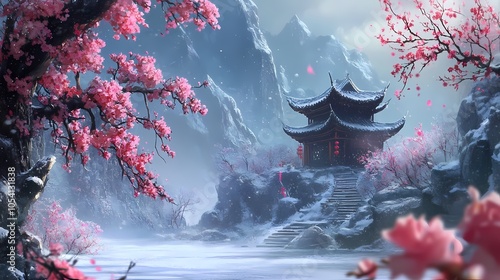 Serene Floral Landscape with Snowy Mountains and Temple