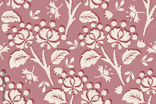 Floral seamless pattern with flowers and leaves on pink background.Oriental vector damask pattern with decorative ornament. Talavera pottery. Ethnic oriental traditional.Motifs Ikat embroidery