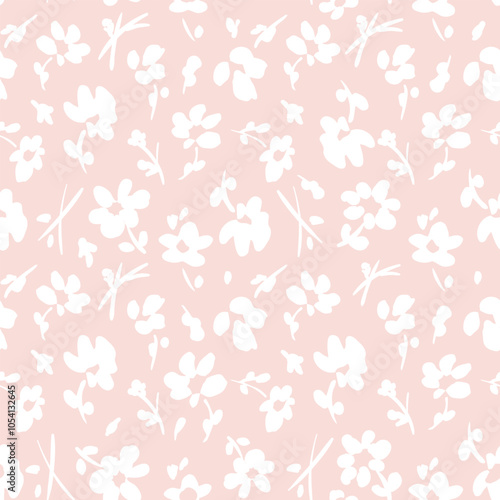 All over vector seamless repeat pattern with ditsy tossed white flowers on light soft pink blush background. Simple and versatile retro cottage everyday ditsy floral backdrop. Shabby chic floral.