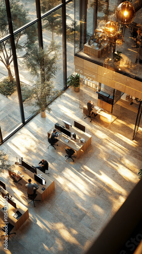 A modern office space with large windows, showcasing a bright and airy atmosphere.