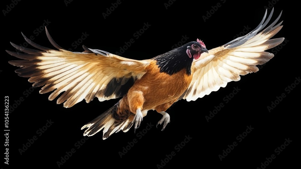 Fototapeta premium A brown and black chicken with white feathers on its wings is in mid-flight against a black background.