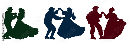 Beautiful couple in vintage costumes and dresses are dancing in black isolated on white background. Hand drawn vector silhouette illustration. Concept of dance class, festival, masquerade ball