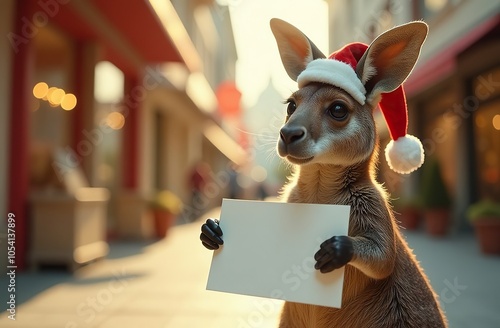 Festive kangaroo in santa hat holding blank sign on sunny urban street photo