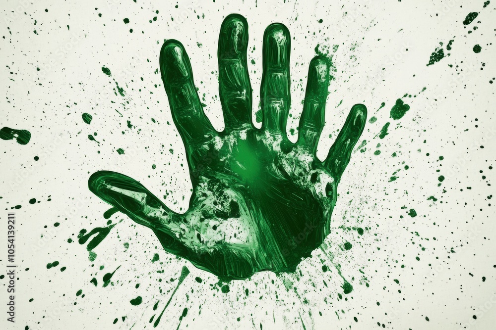 Green handprint leaving splatters on white background Green handprint leaving splatters on white background