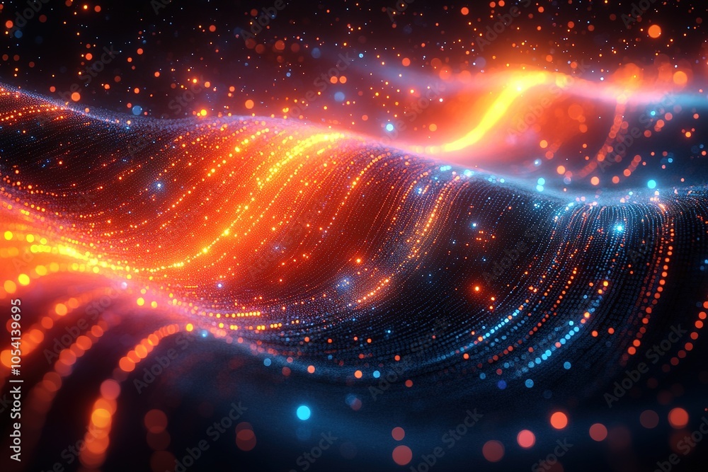 Obraz premium Abstract glowing wave of particles with orange and blue light.