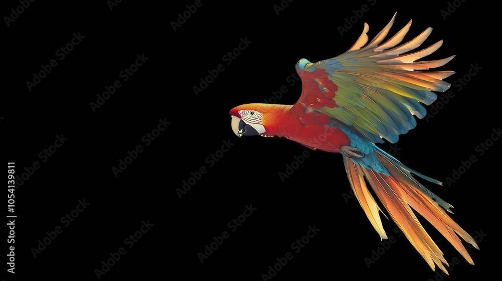 A scarlet macaw in flight with its wings spread wide against a black background. A scarlet macaw in flight with its wings spread wide against a black background.