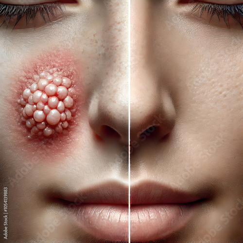 Healthy skin versus skin affected by basal cell carcinoma (BCC). smooth, even texture of healthy skin alongside raised, pearly lesion with visible blood vessels or central depression. photo