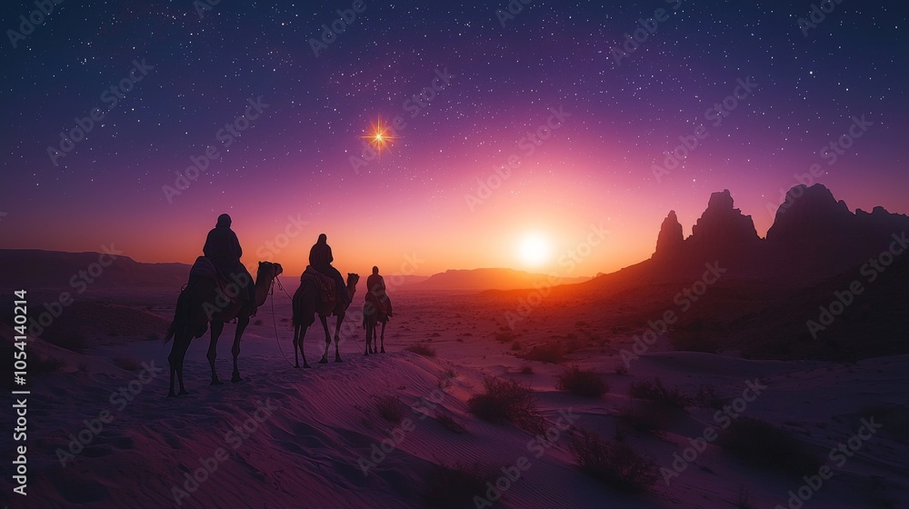 Three Wise Men traveling at sunrise guided by star Three Wise Men traveling at sunrise guided by star