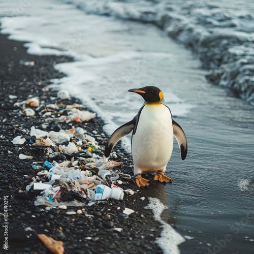 penguin around garbage and plastic waste representing water poullation golbal warming concept photo