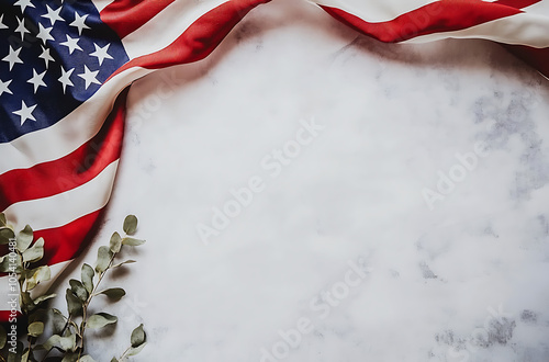 Old American flag displayed on a grunge background, creating a rustic and patriotic vibe, perfect for themed designs or historical references. photo