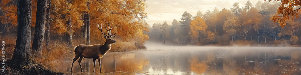 Fototapeta premium Serene autumn landscape featuring a majestic deer by a tranquil lake, perfect for wall art, posters, and nature-themed designs.