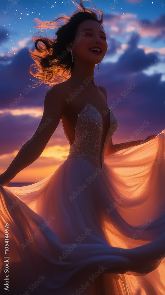 Fototapeta premium Elegant model twirling in a flowing gown against a vibrant sunset, perfect for wall art, posters, and romantic design themes.