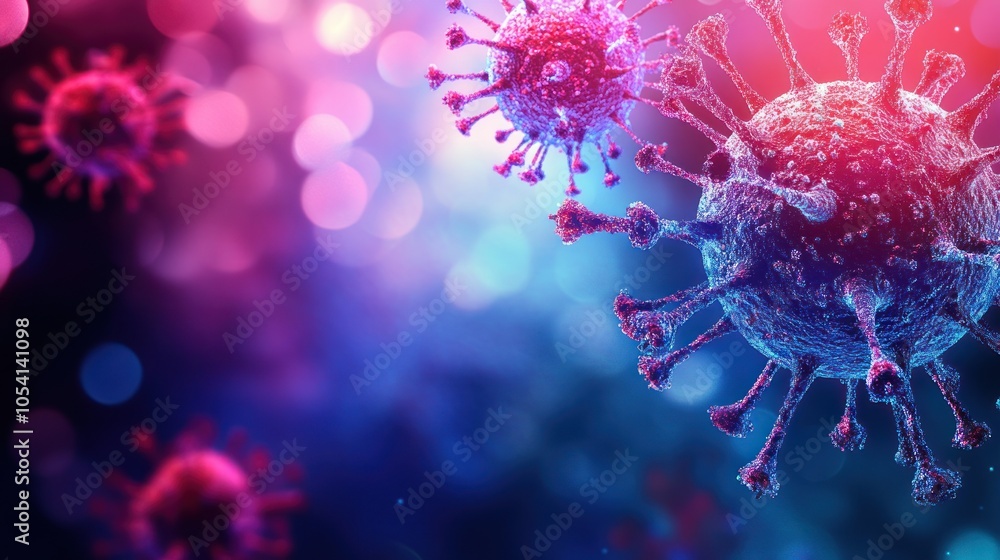 A 3D rendering of a virus with a blue and red background, emphasizing the danger of viruses. A 3D rendering of a virus with a blue and red background, emphasizing the danger of viruses.