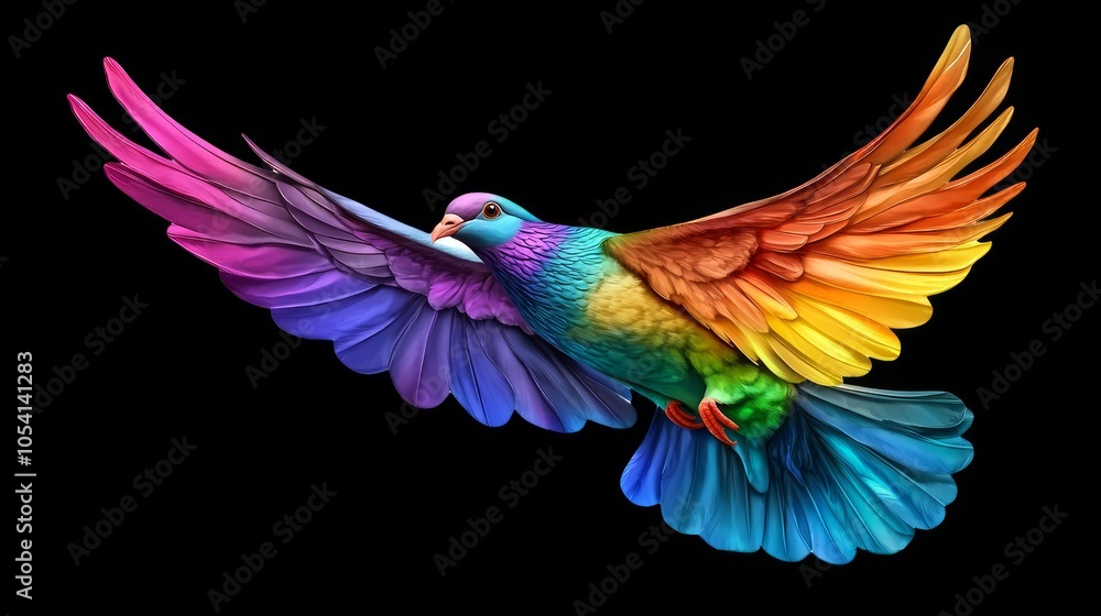Obraz premium A vibrant, colorful pigeon in flight with outstretched wings against a black background.