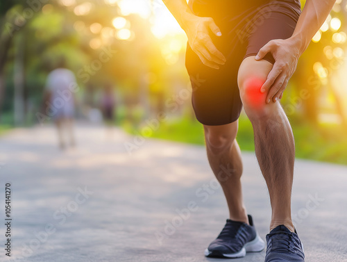 Sportler oder Personen mit Knieverletzungen aufgrund einer Bänderentzündung, Knieschmerzen aufgrund von Training, Muskelentspannung, rheumatoider Arthritis, Gangstörungen, rheumatoider Arthritis photo