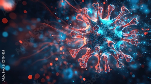 A 3D illustration of a virus with glowing blue and red colors and a blurred background.