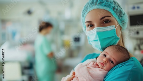 Medical Professional Holding A Newborn Baby: Nurse Or Doctor In Maternity Hospital  Illustration. Maternal Care In Action. photo