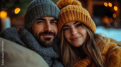 Happy couple enjoying a warm embrace in stylish knitted winter attire during a snowy evening : Generative AI