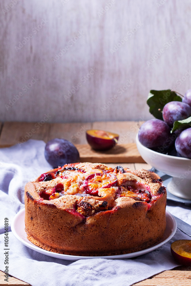 Plum pie with filling and sugar crust, sprinkled with powdered sugar and plums on a wooden table.
