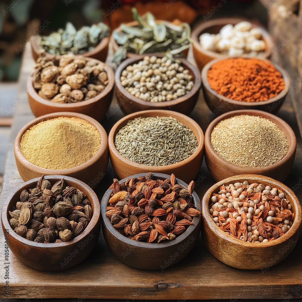 Fototapeta premium Illustration of exquisite spices, herbs, and seasonings. The overall style is minimalist and fresh, with soft natural lighting and a modern design—an illustration of healthy and unusual food.