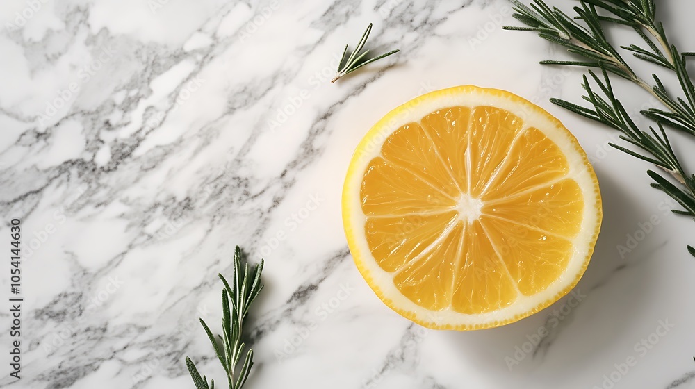 A slice of lemon and sprigs of rosemary on a marble surface.