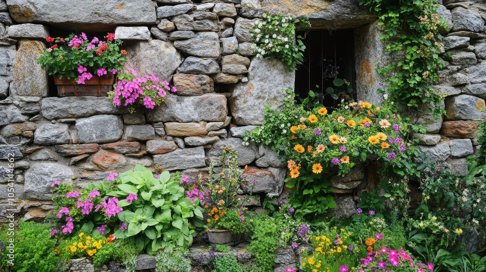 Fototapeta premium Stone Wall with Colorful Flowers