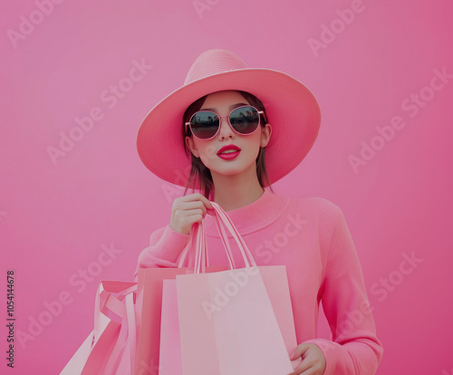 A girl with shopping bags, atmosphere for advertising, social media post design template. photo