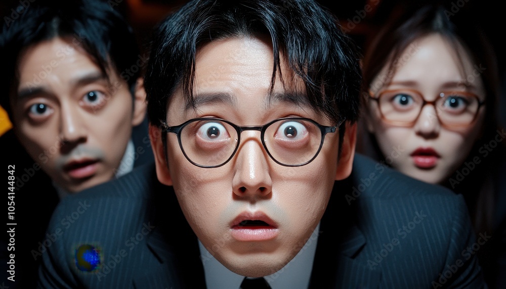 Three shocked individuals with wide eyes and glasses display expressions of surprise in a dramatic setting. Three shocked individuals with wide eyes and glasses display expressions of surprise in a dramatic setting.