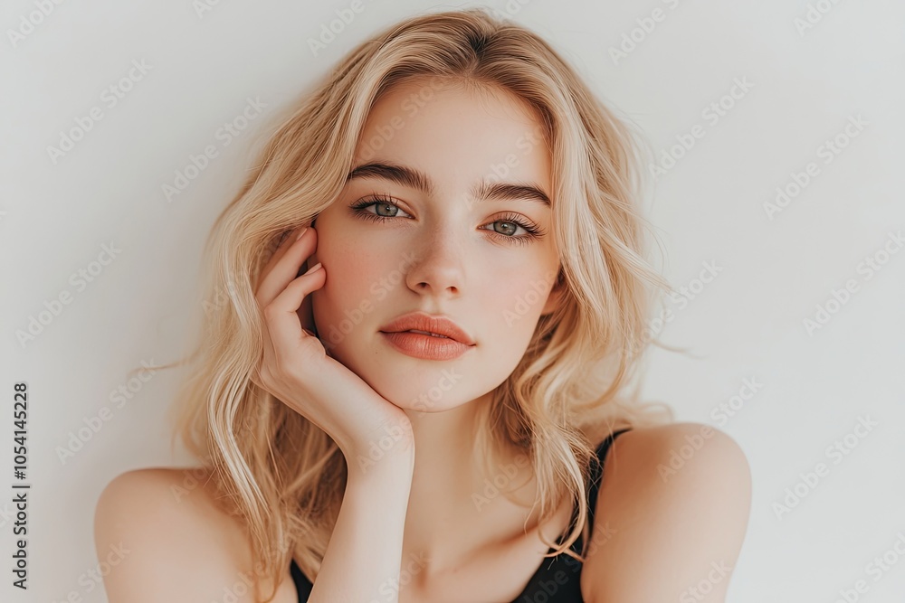 Naklejka premium Beautiful blonde woman with clean, fresh skin touching her face on a white background