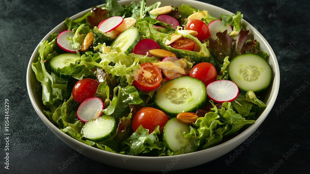 Fresh green salad with cucumbers, cherry tomatoes, and radishes Fresh green salad with cucumbers, cherry tomatoes, and radishes