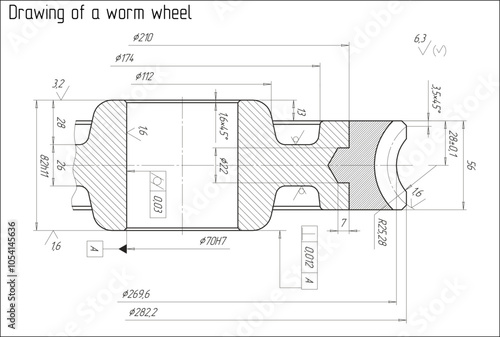 Assembly drawing of worm wheel of electrical reducer. Vector design of steel mechanical device with dimension lines.
Engineering technic computer cad scheme on 
paper sheet. Hand drawn pencil sketch.