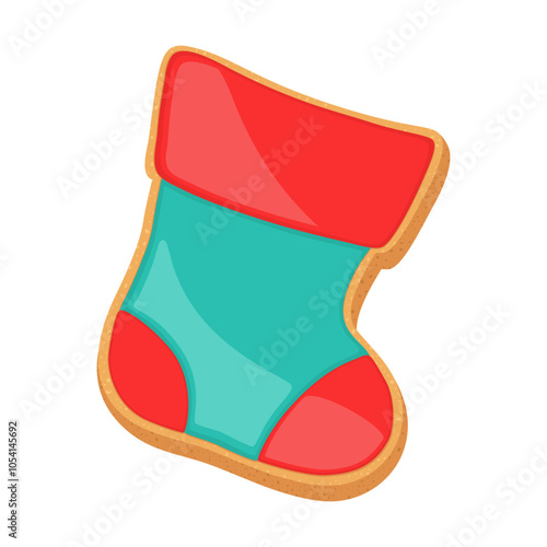 Christmas sugar cookie gingerbread gift sock. Cute cartoon vector illustration of single shortbread biscuit. Xmas object gingerbread cookie icon. Winter design element holiday sweet bakery.