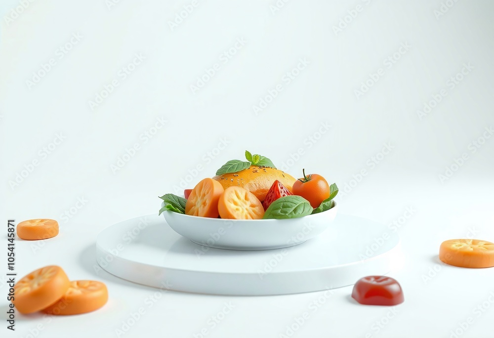 Orange fruit slices and a whole tomato with basil in a white bowl on a white background. Orange fruit slices and a whole tomato with basil in a white bowl on a white background.
