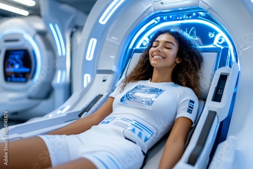 A futuristic relaxation pod with neon lights, a reclined person enjoying the high-tech comforts of immersive entertainment and sensory pleasure, symbolizing the future of hedonistic relaxation,