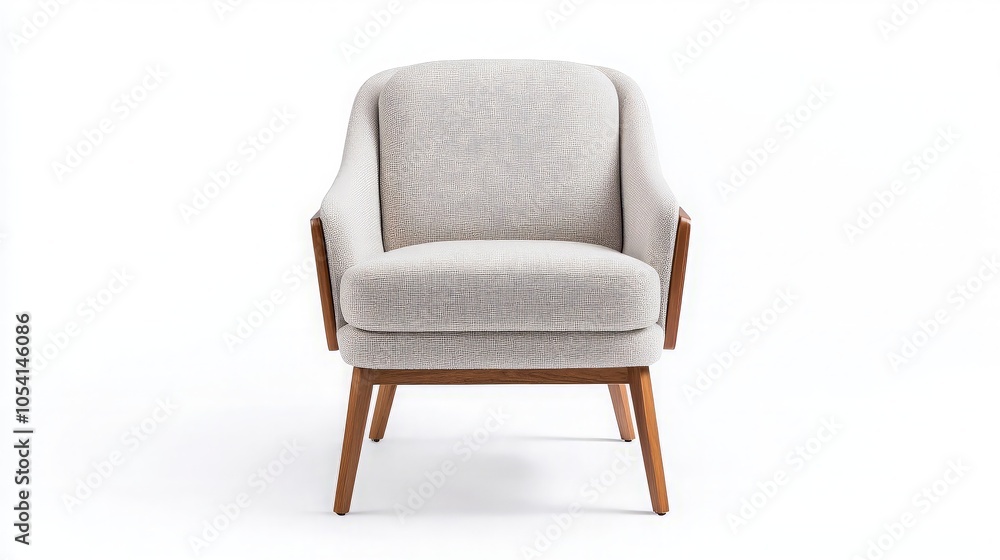 A light gray armchair with wooden arms and legs on a white background. A light gray armchair with wooden arms and legs on a white background.