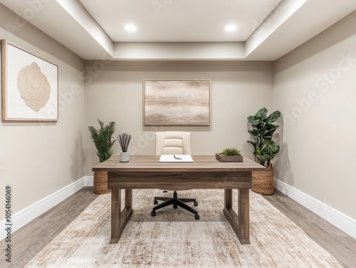 Stylish basement office with a standing desk, neutral palette, and inspiring wall art