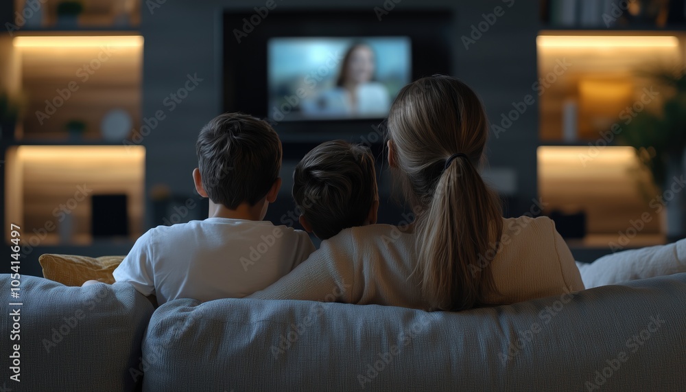 Obraz premium Cheerful Family Watching News On Sofa In Living Room - Isolated Flat Illustration Depicting A Back View Of Cartoon Characters. Entertainment And Tv Show Theme.