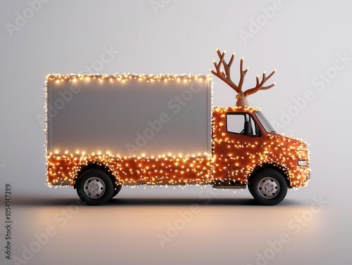 A festive truck decorated with shimmering lights and reindeer antlers, perfect for holiday delivery joy.