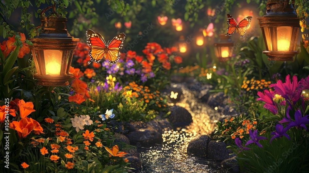 Obraz premium A magical garden with a stream, flowers, butterflies, and lanterns.