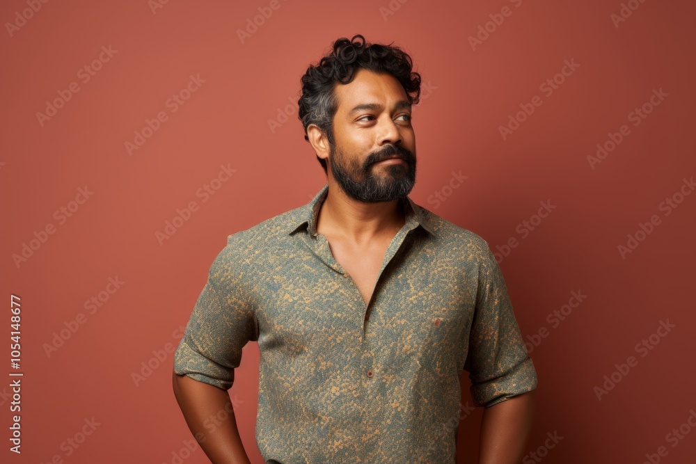 Fototapeta premium Portrait of a satisfied indian man in his 30s donning a trendy cropped top while standing against solid color backdrop