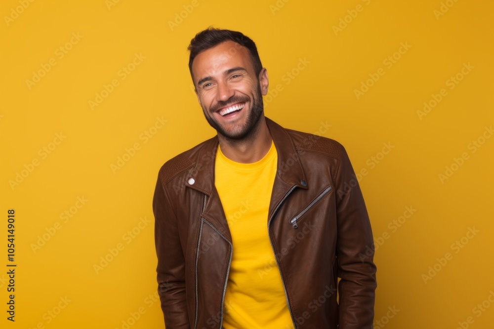 Fototapeta premium Portrait of a cheerful man in his 30s wearing a trendy bomber jacket on solid color backdrop