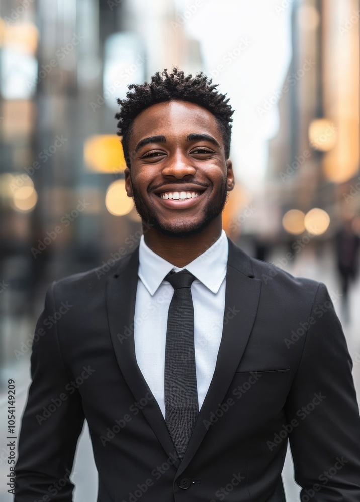 Fototapeta premium Confident young businessman wearing a suit, smiling widely in an urban environment, symbolizing professionalism and success.
